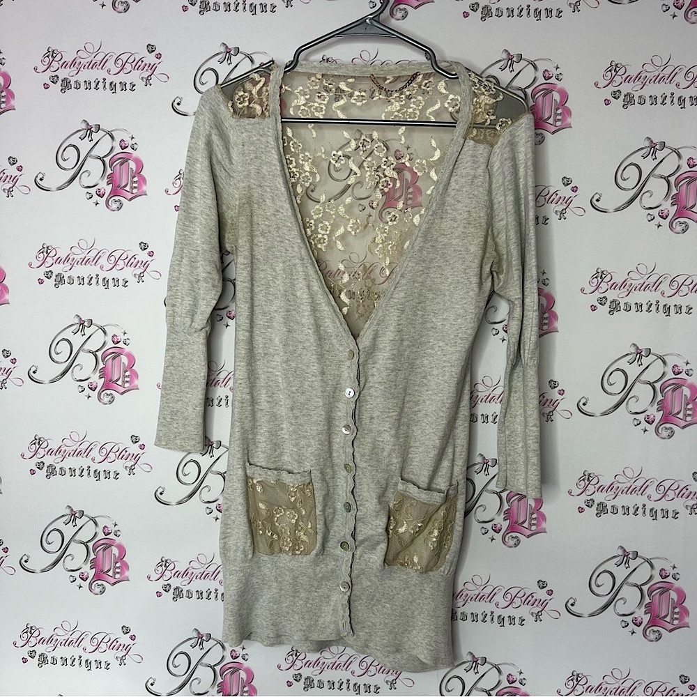 Cardigan lace shimmer shiny gold silver Elegant Lace-Trimmed Gray Sweater